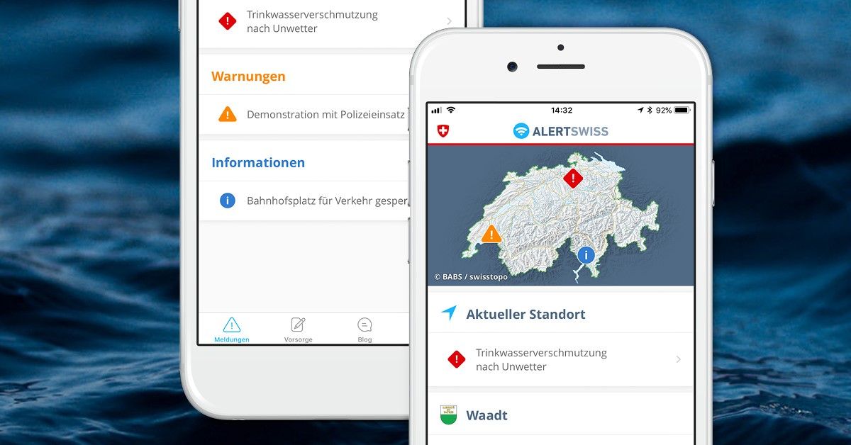 Anzeige der Alertswiss-App mit einer Meldung sowie entsprechenden Informationen auf einer Karte.