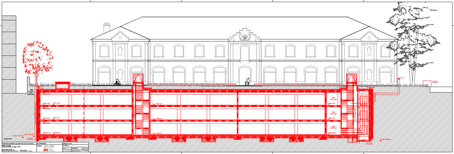 Projektzeichnung eines Kulturgüterschutzraumes von der Firma meier + associés architectes in Genf. Schnitt durch das kantonale Zeughaus in Sitten.