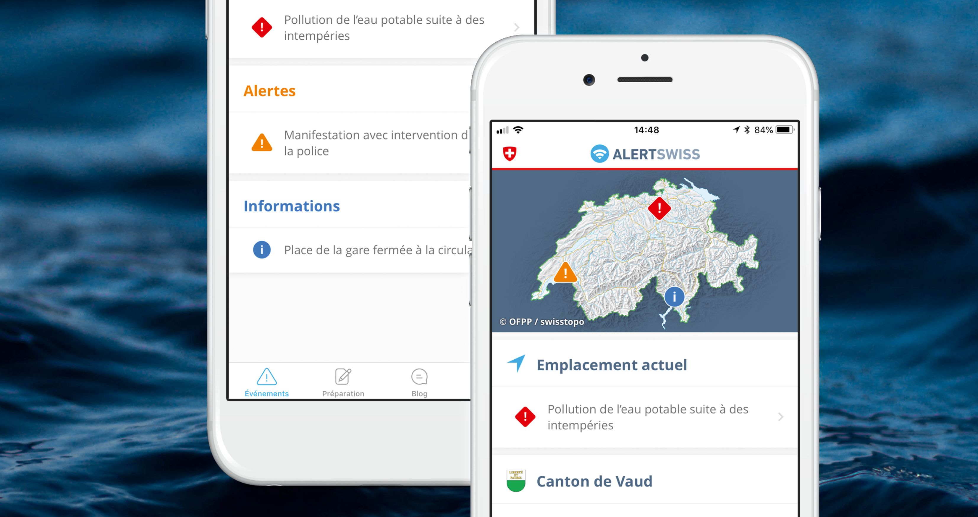 Affichage de l'application Alertswiss avec un message ainsi que des informations correspondantes sur une carte.