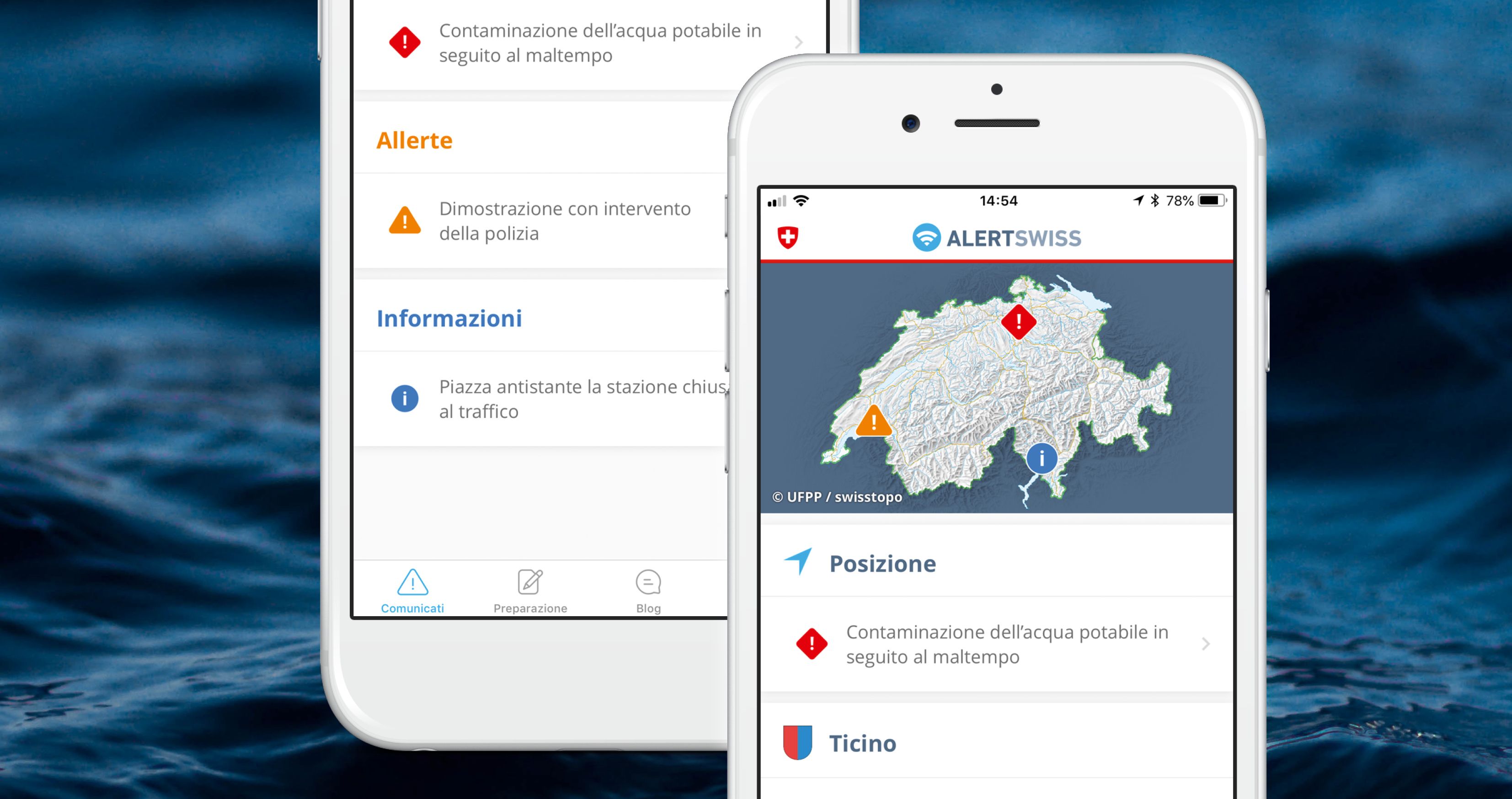 Visualizzazione dell'app Alertswiss con un messaggio e le relative informazioni su una mappa.
